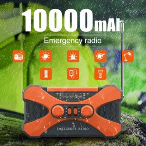 Rádio de Emergência Solar & Manivela 10 000 mAh – AM/FM/NOAA, Lanterna LED, Luz de Leitura e Power Bank (EM01)