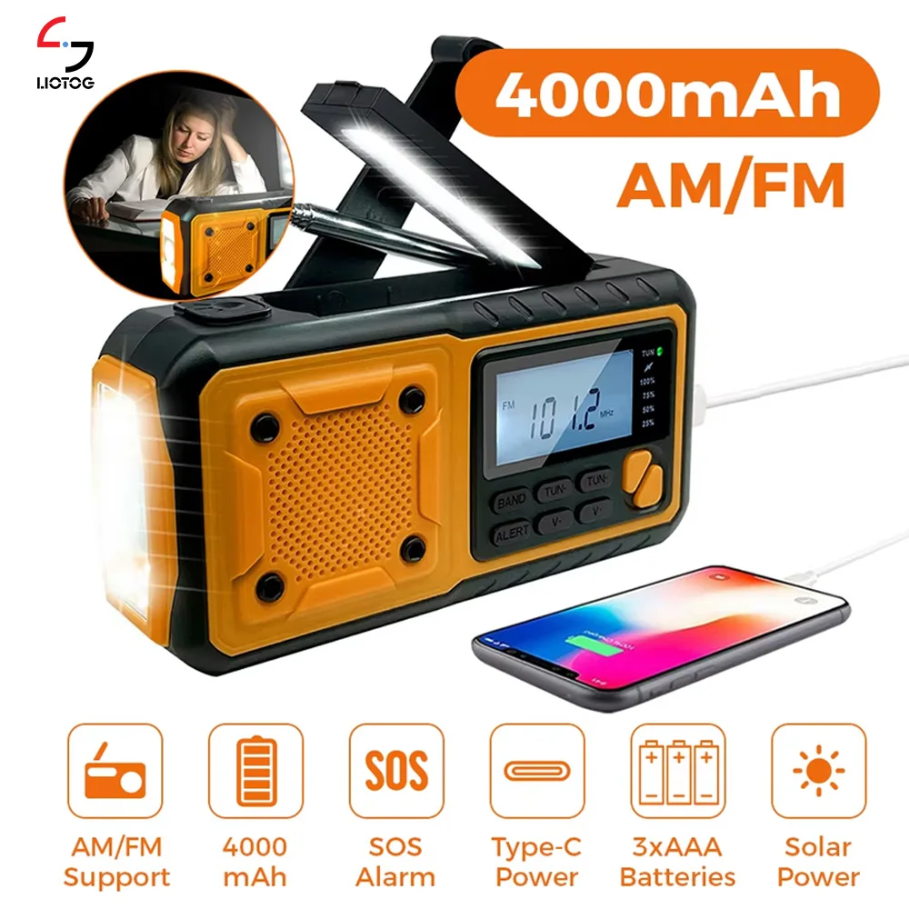 Rádio de Emergência Solar & Manivela – AM/FM/SW, Power Bank, Lanterna LED e Luz de Leitura (4000/5000 mAh)
