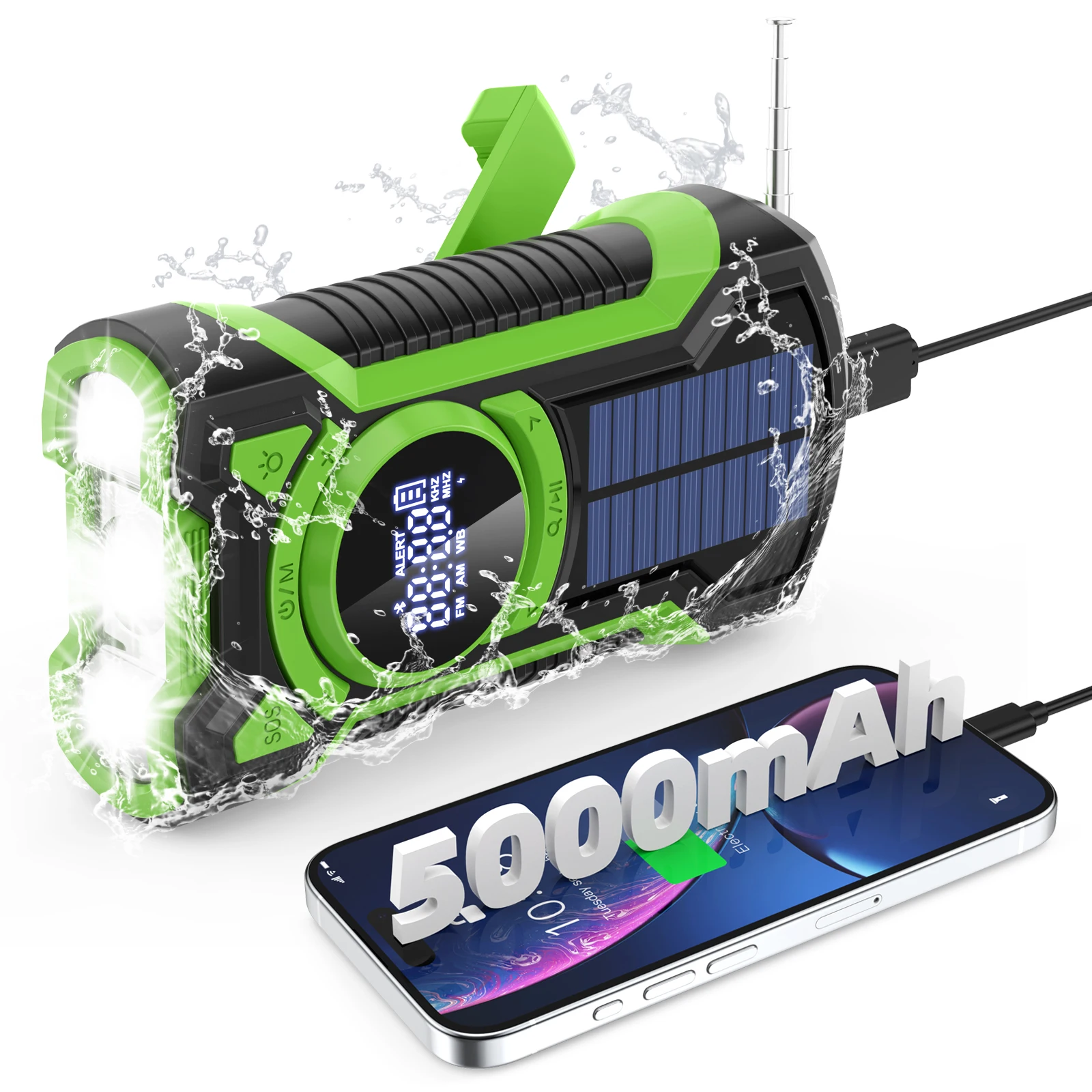 Rádio de Emergência Solar & Manivela 5000 mAh – AM/FM/NOAA, Bluetooth 5.3, IPX5, Lanterna LED e Power Bank