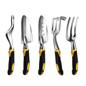 Kit de Ferramentas de Jardim 5 em 1 – Espátula, Ancinho, Cultivador e Acessórios com Cabo Ergonômico