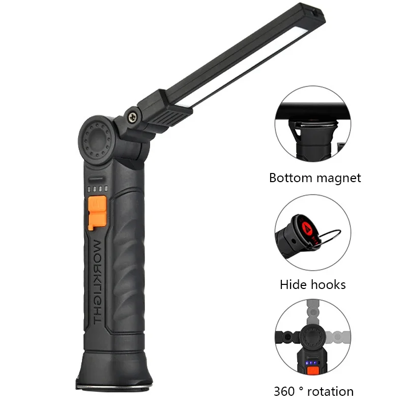 Lanterna de Trabalho Portátil COB USB – Recarregável, com Ímã, Gancho, Rotação 360° (LED e COB, 4 Modos) Caixa incluída
