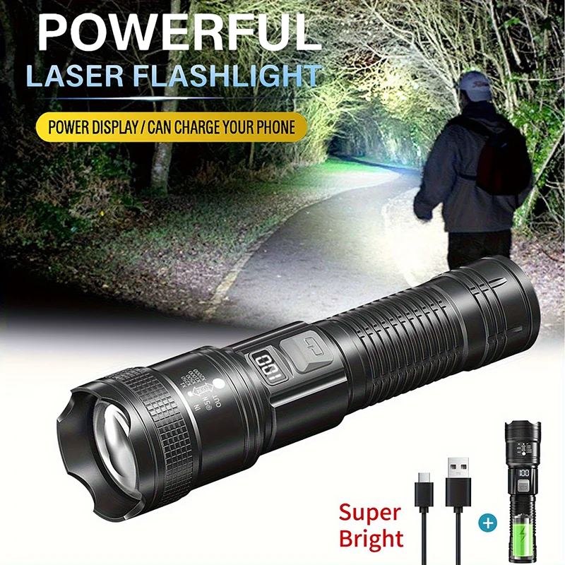 Lanterna LED Recarregável com Zoom – Display LCD, 3 Modos de Luz, Alta Potência e à Prova d’Água