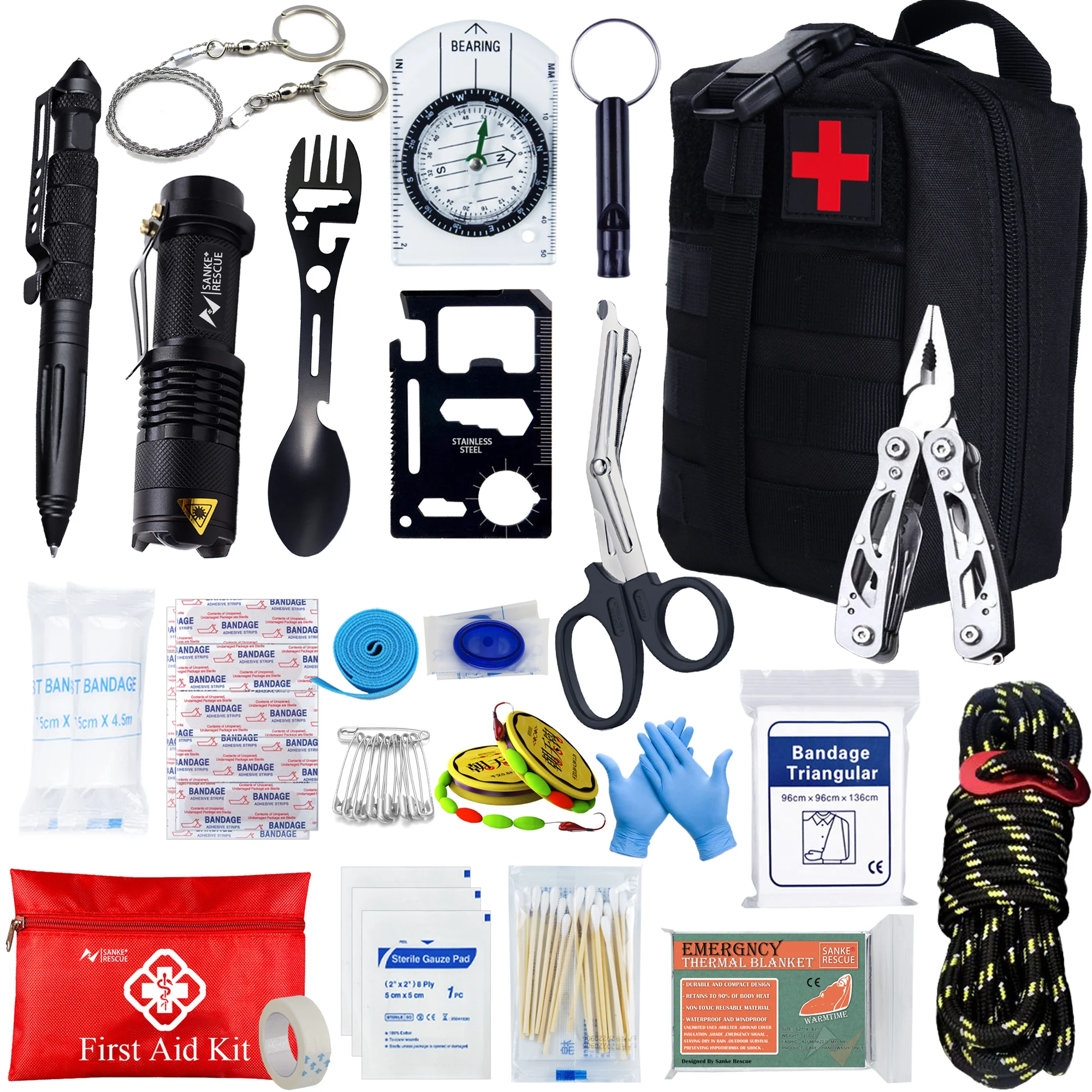 Kit de Primeiros Socorros e Sobrevivência 24 Categorias – Completo com Bolsa MOLLE Tática