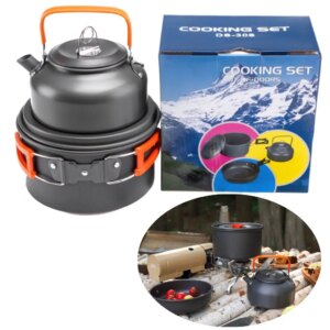 Kit de Panelas para Acampamento em Alumínio, 2–3 Pessoas, com Caneca, Talheres e Bolsa